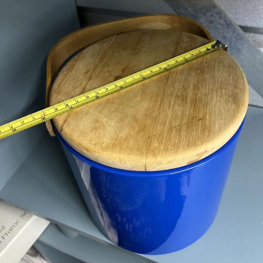 Vintage Georges Briard Blue Ice Bucket with Wood Handle & Lid Mid Century Modern